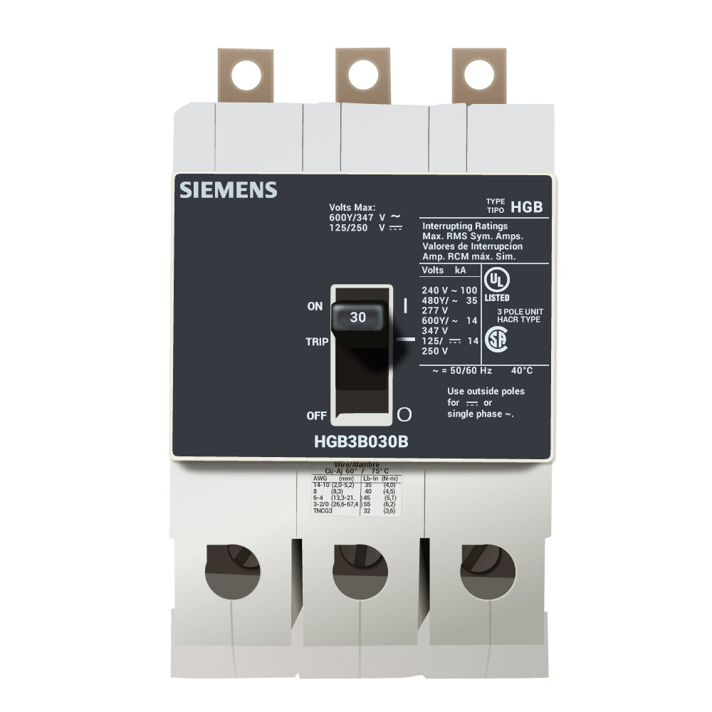 HGB3B030B - Siemens 30 Amp 3 Pole 600 Volt Bolt-On Molded Case Circuit Breaker